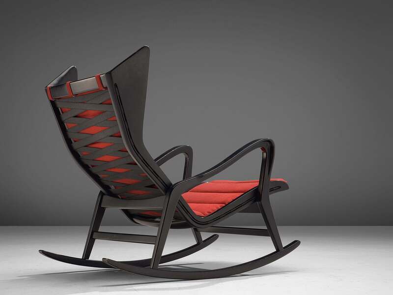 Studio Cassina '572 Rocking' Chair In Ebonized Wood And Red Upholstery photo furniture