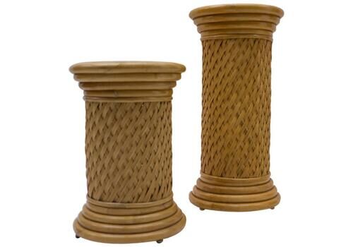 2 Elegant Hollywood Regency Rattan Wicker And Bamboo Columns, 1960s, Italy