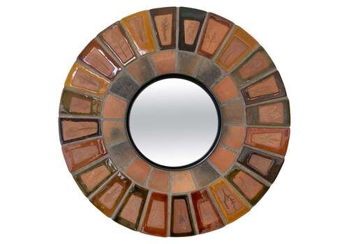 Roger Capron Signed Ceramic Round Mirror, Circa 1970, Vallauris, France.