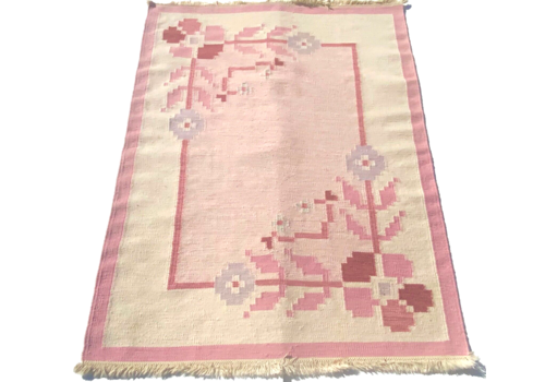 Swedish Pink Wool Rug Flat Weave Kilim Rölakan Rug 1960, Large 200cm X 140 Cm