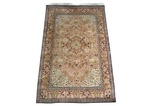 Kashmir Silk Rug With A Small Medallion Design In Garden Of Animals & Flowers.