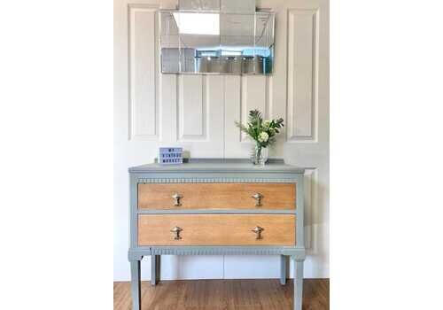 Refurbished Antique 1940s Chest Of Drawers Oak Sage Green Gold