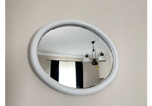 Oval Vintage Mid Century Mirror. Pop Art Memphis Milano Style. White Plastic Frame .