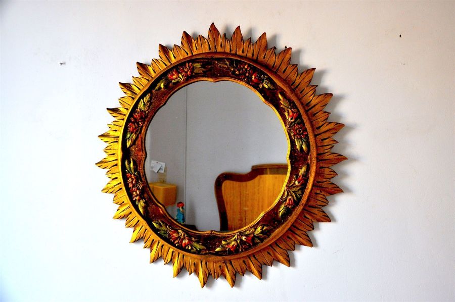 Vintage Wooden Sunburst Mirror 1960s