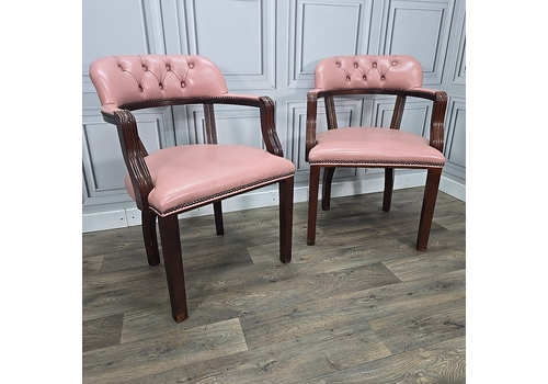 Pair 2 Antique Chesterfield Pink Carver Captains Chairs Office Desk Seat Chair