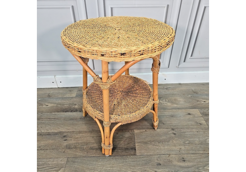 Vintage Rattan Wicker Round Side Table – Boho Coastal Style Lower Shelf Rope