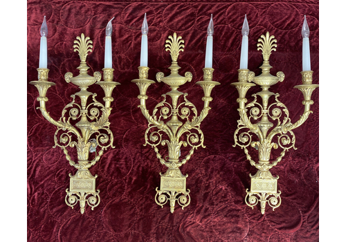 Set 3 Large Antique Gold Gilt Brass Wall Sconces Lights Louis XV 19th Century