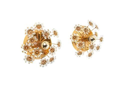 Pair Of Gold Plated Brass And Crystal Glass Wall Lamps Sconces By Palwa, 1960