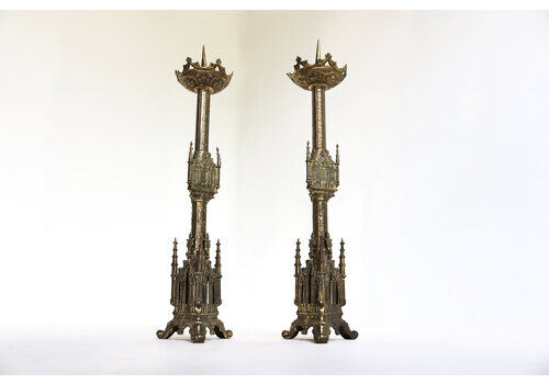 Pair Antique Gilt Bronze Neo Gothic Church Pricket Candlesticks Set Of Two Religious Altar Candle Holders European Gothic Revival 1900s