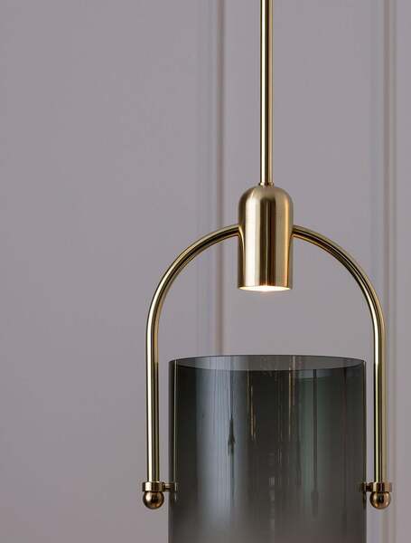 Contemporary Pendant Lamp In Grey Glass And Brushed Brass, Arc Well By Allied Maker, USA photo furniture