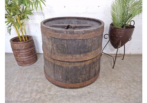 Large Old 19th Century French Oak Storage Barrel Side Garden Table Plant Stand