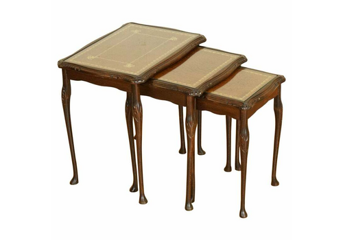 Mahogany Nest Of Tables Queen Anne Style Legs With Brown Embossed Leather Top