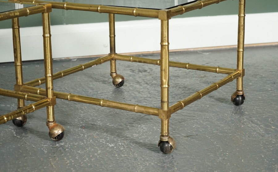Hollywood Regency Golden Bamboo Coffee Table Set With 2 Side Tables On Castors photo for sale