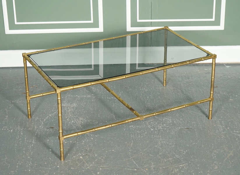 Hollywood Regency Golden Bamboo Coffee Table Set With 2 Side Tables On Castors photo Furniture