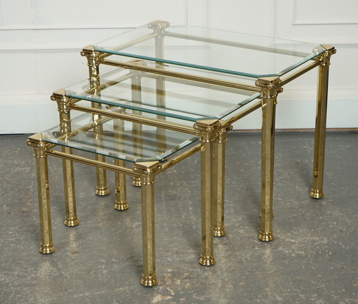 Set Of 1970's Hollywood Regency Golden Brass Glass Nest Of Tables Side Table  J1 photo furniture