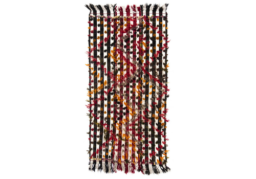 4.2x8.6 Ft Banded Tribal Kilim Rug With Colorful Poms. Floor Cover, Bed Cover