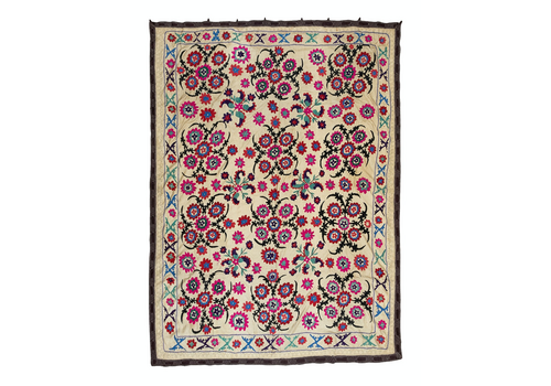 5.6x7.4 Ft Silk Embroidery Bed Cover, Uzbek Vintage Floral Pattern Wall Hanging