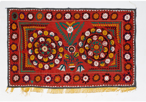 4.6x7.3 Ft Asian Suzani Wall Hanging, Silk Embroidery Table Cover, Red Bedspread