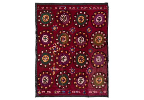 6.8x7.8 Ft Central Asian Suzani Textile. Embroidered Cotton & Silk Bed Cover