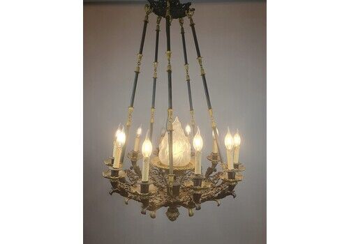 Empire Chandelier With Black, Green And Gold Patina, 19th
