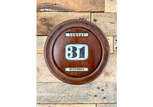 Antique Edwardian Round Oak Wood Paper Linen Wall Mounted Perpetual Calendar