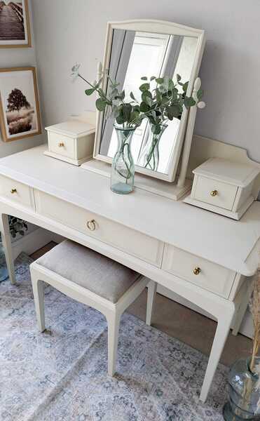 Spray Painted Light Cream Stag Compact Dressing/Console Table With Triple Mirror And Stool photo furniture