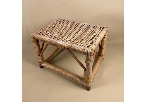 Vintage Bamboo Wicker Stool Plant Stand Rectangle Wood Side Table Boho Coffee Living Room Decorative Bohemian Woven Patterned Top Retro