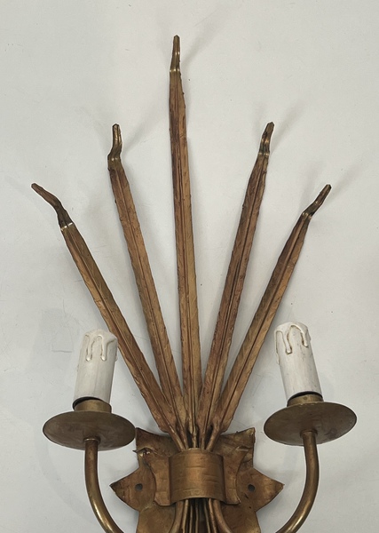 Pair Of Golden Sconces With Ears Of Wheat In The Style Of Coco Chanel photo vinterior