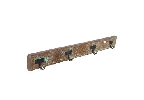 Antique Verdigris Teak & Black Iron Coat Hook Panel, Vintage Indian Carved Wall Rack, 115cm