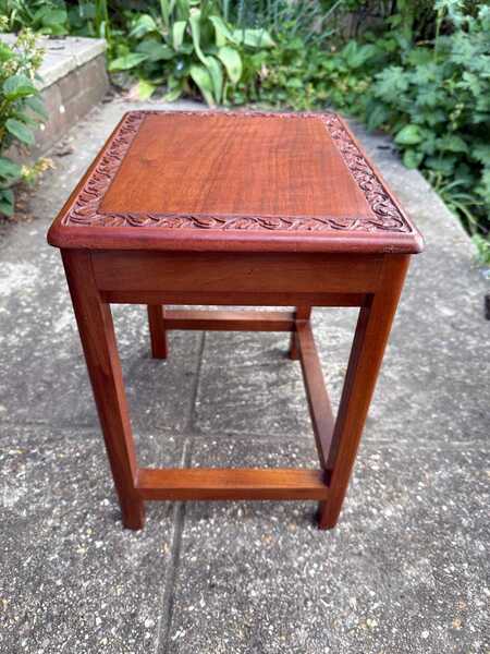 Delightful Hand Carved Vintage 1950s Occasional Table With Secret Storage Compartment; Small Side Table, Plant Stand, Mid Century Table photo furniture
