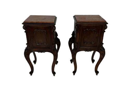 Set Of 2 French Louis XV Night Stands, Marble Top, 1930s