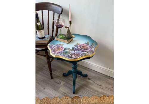 Vintage Side Table Painted Blue With Floral And Gold Detail, Lamp Table, Teal