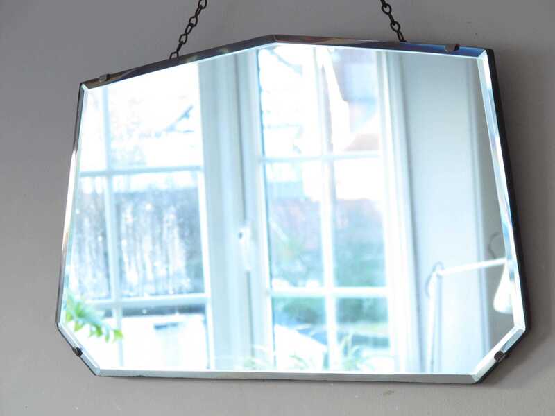 Art Deco Frameless Bevelled Mirror. Seven Sided. Ready To Hang On Original Visible Chain. photo furniture