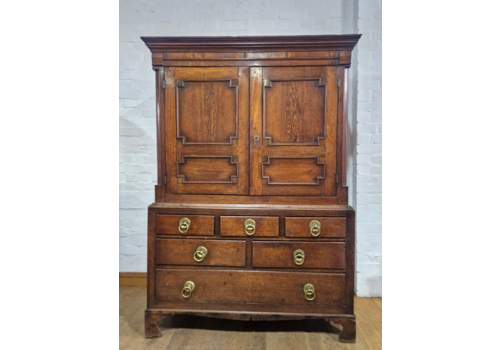 Antique Large Georgian Rustic Panelled Oak Gents Wardrobe Press With Drawers