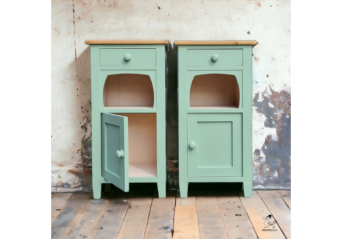 Beautiful Old Pair Antique Pine Bedside Cabinets Drawer Green/Pink Paintwork