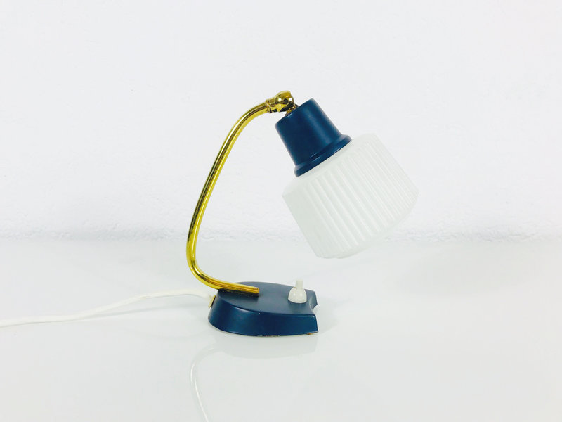 Wonderful Small Blue Table Lamp Mid Century Modern Brass Gooseneck White Plastic Shade Germany 1960s