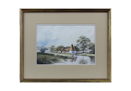 Watercolour By Geoffrey John Hall. Kent Farmbuilding With Oast Houses