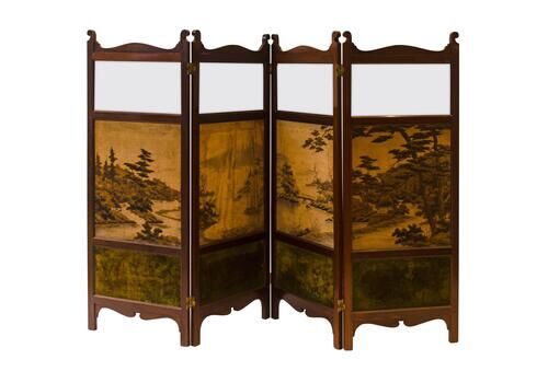 E. W. Godwin, Attri An Anglo Japanese Four Fold Screen With Japanese Silk Scenes