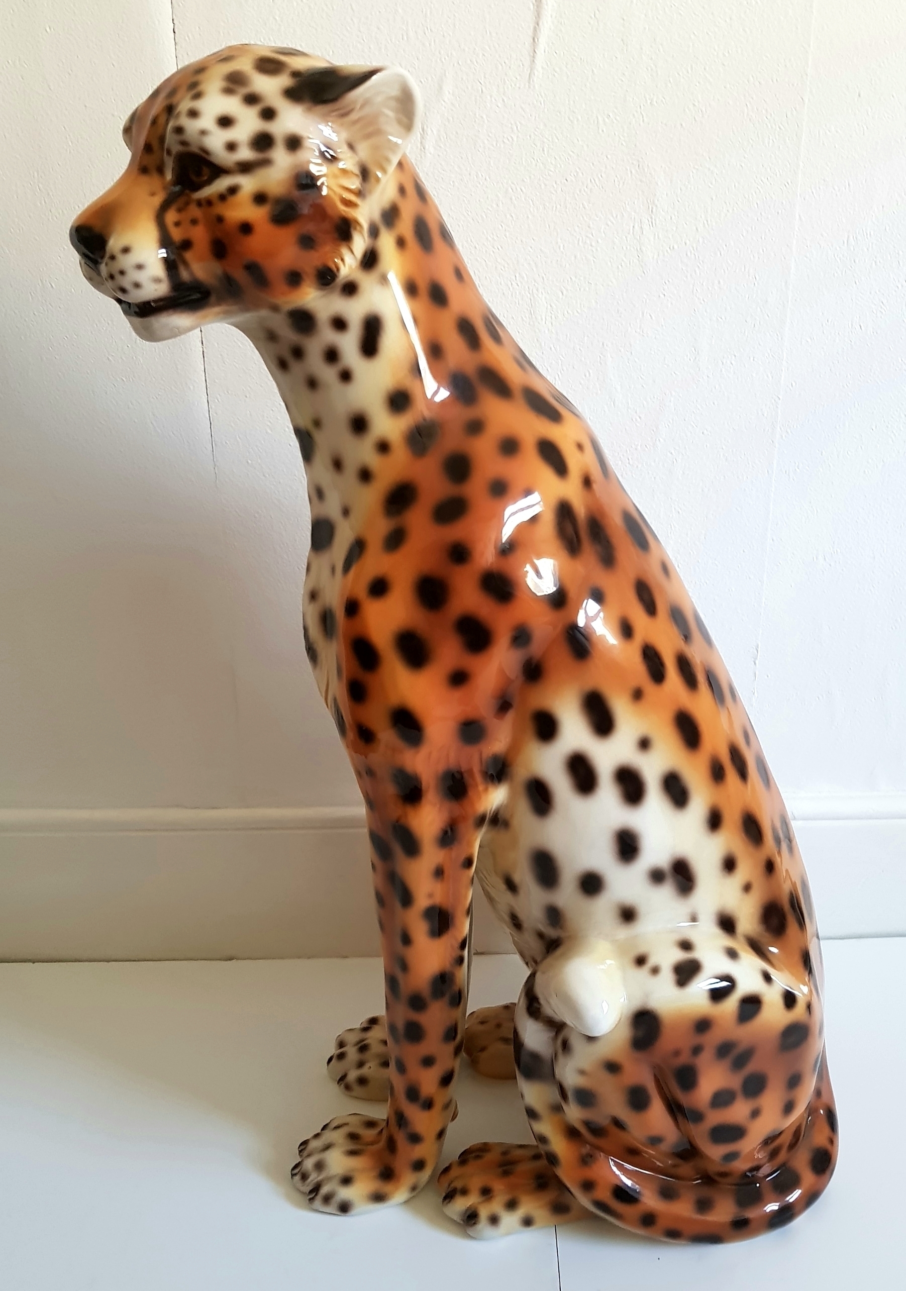 Lifesize Italian Ceramic Cheetah Statue, Ceramic Leopard, Hollywood