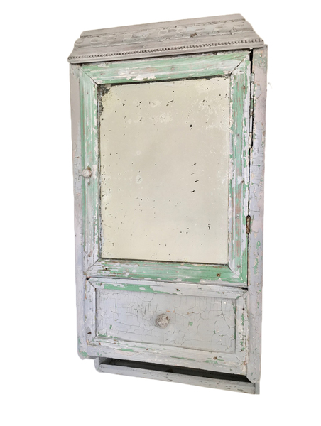 Vintage Wooden Bathroom Medicine Cabinet With Foxed Mirror And Distressed Paint Finish