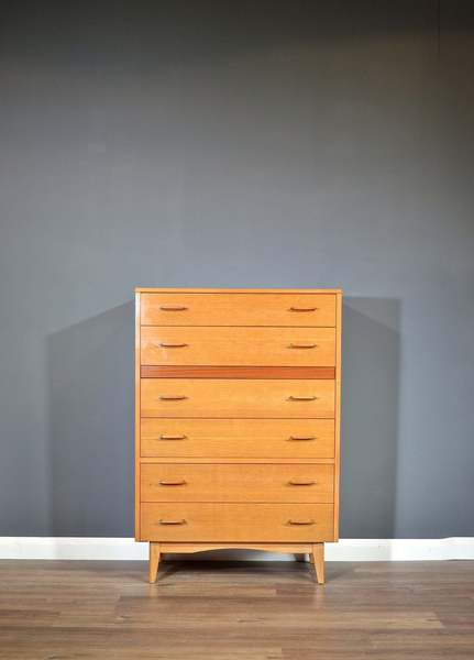 Vintage Midcentury Oak Chest Of Drawers Tallboy Vinterior