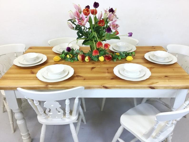 Solid Pine Dining Table With 6 Fiddle Back Chairs Hand Painted In