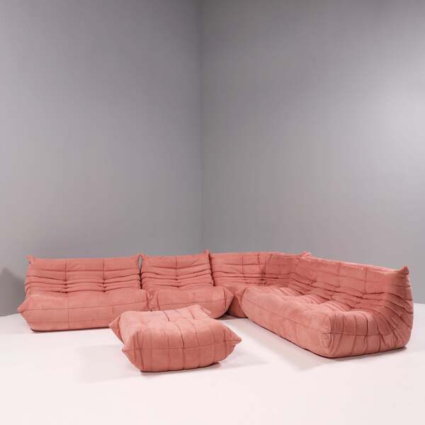 Ligne Roset By Michel Ducaroy Togo Pink Modular Sofa And Footstool, Set Of Five photo for sale