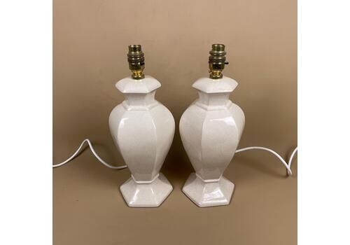 Matching Pair Of 2 Vintage Ceramic Medium Speckled Cream Lamp Lamps Gold Bedside Table Light Vase Antique Cottage Pottery Lights