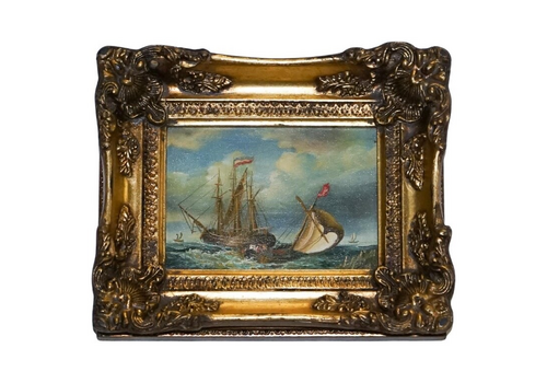 Fine Antique Early 20th Century Oil Painting Of French Ship Giltwood Frame