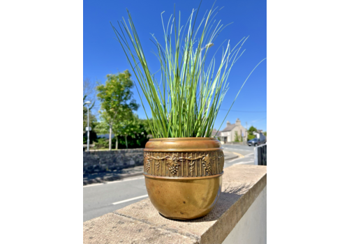 Antique English Arts & Crafts Brass Grapevine Leaf Berry Planter Plant Cacti Pot