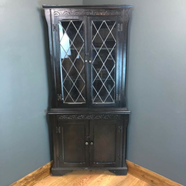 Vintage Reworked Upcycled Corner Cabinet Cupboard Glazed Display Shelves Black