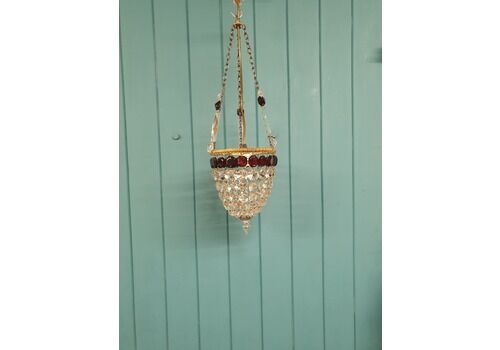 Early 20th Century Cut Glass Crystal Small Chandelier With Red Drips 8"