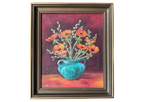 Harmony In Red And Teal 1934. Vintage Swedish Oil Still Life Painting.
