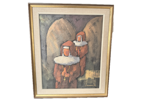 The Nuns. Vintage Swedish Modernist Oil Painting
